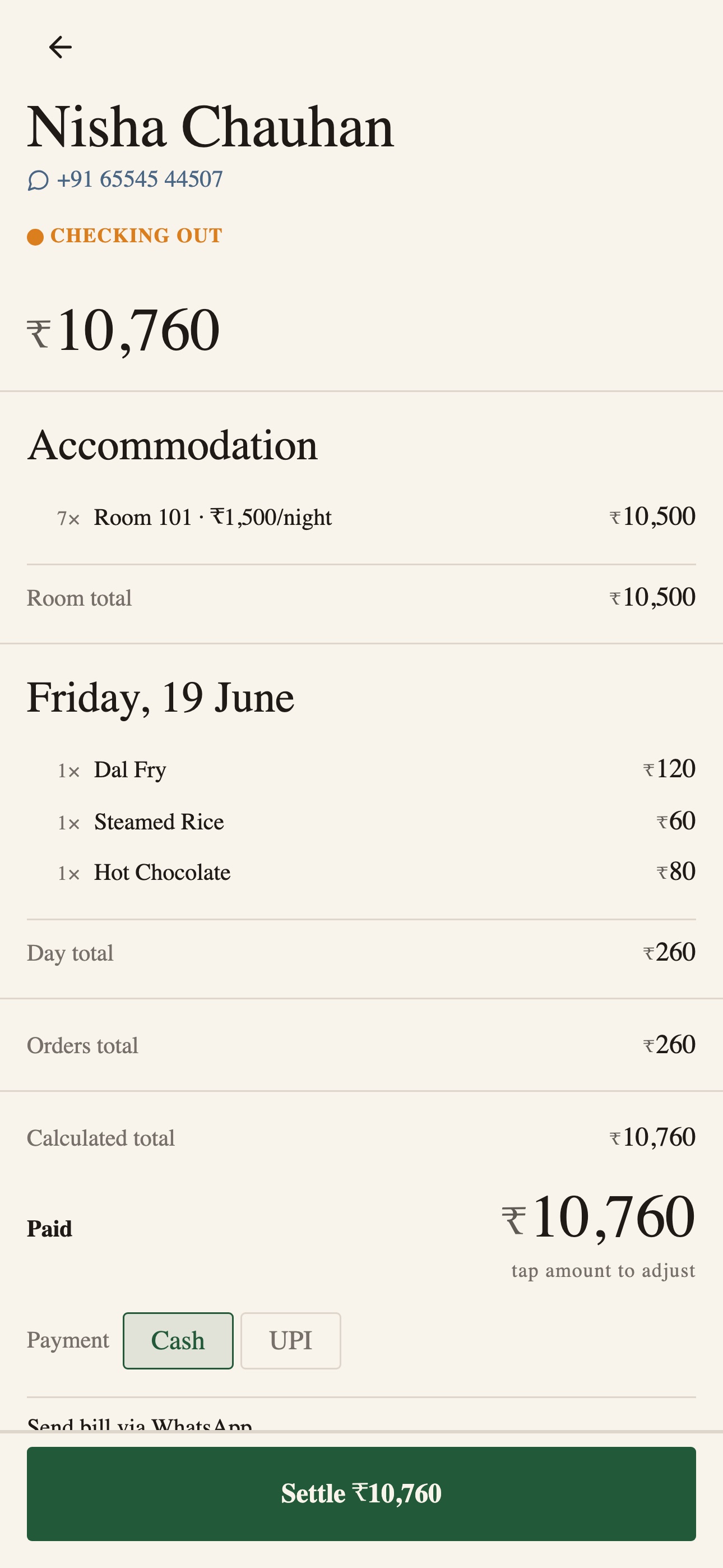 Bill Inn — one-tap checkout with cash/UPI and WhatsApp bill